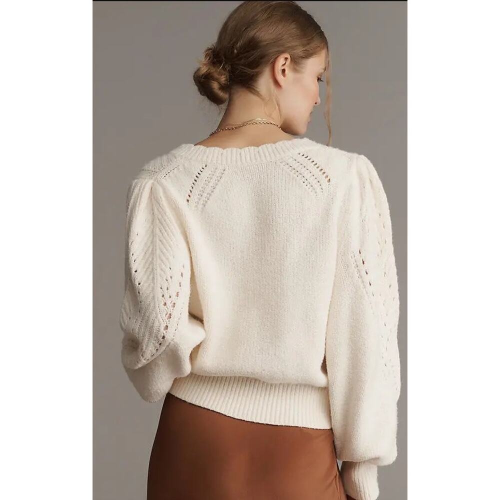 Anthropologie Pointelle Scalloped Cardigan Sweater M - Picture 2 of 10